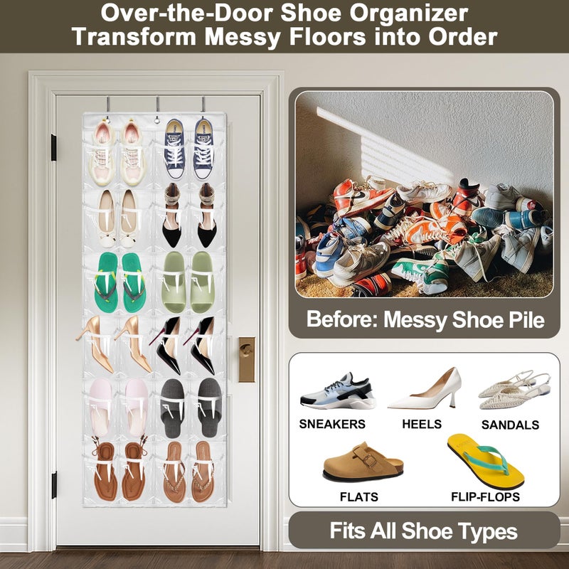 Bofoho Over The Door Shoe Organizer with 24 Clear Pockets and Metal Hooks â€“ Heavy Duty Hanging Shoe Storage Rack for Closet, Bathroom, Dorm â€“ Space Saving Organizer for Shoes, Accessories, Toys (White) - Image 2